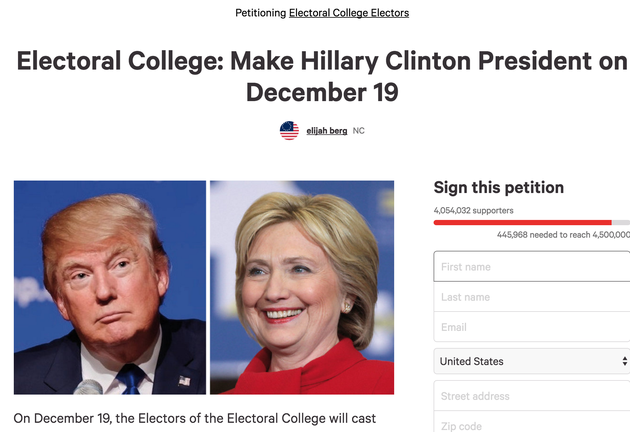 呼吁选举人叛变支持希拉里的请愿得到了405万人签名支持